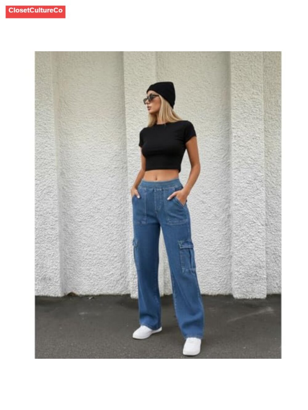 Pull On Cargo Jeans Elastic Waist Wide Leg Stretch Denim Pockets - Picture 5 of 6